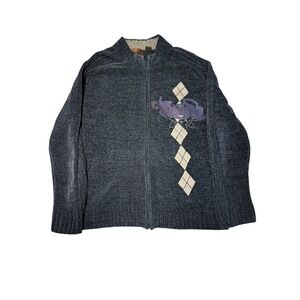 Maxim Chenille Sweater Cardigan Mens Size Large Graphic Argyle‎ Full Zip Knit